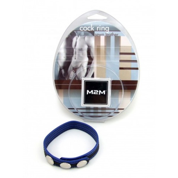 M2M: COCK RING SEWN LEATHER WITH SNAP CLOSURE - 2 SNAPS/BLACK & BLUE