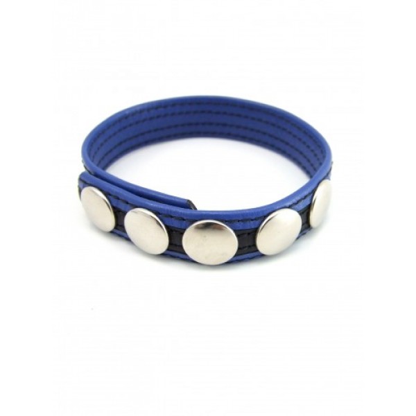 M2M: LEATHER 5 SNAP COCK RING - BLACK/BLUE