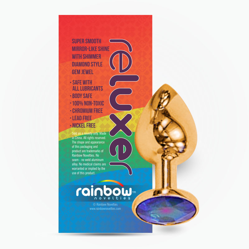 THE RELUXER BUTT PLUG: GOLD CHROMED STAINLESS STEEL WITH SHIMMER JEWEL - MEDIUM